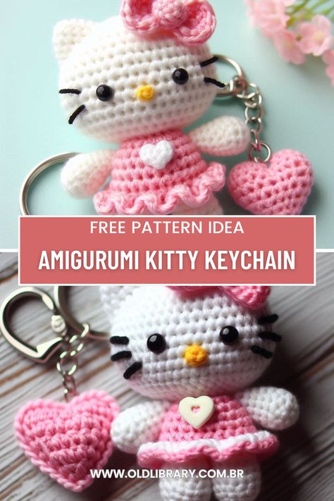 Create an adorable Amigurumi Kitty Keychain with this easy crochet pattern. Perfect for beginners and makes a great gift! Amigurumi Pouch Free Pattern, Hello Kitty Crochet Keychain Pattern, Hello Kitty Keychain Crochet Free Pattern, Crochet Key Case Free Pattern, Christmas Crochet Keychain Pattern, Knit Keychain Pattern Free, Crochet Cute Keychain Free Pattern, Crochet Small Toys, Hello Kitty Free Crochet Pattern