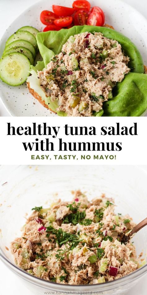 Tuna Salad No Onion, Tuna And Hummus, Tuna Salad Healthy No Mayo, Hummus And Tuna, Hummus Tuna Salad, Herb Tuna Salad Recipe, Tuna Hummus Wrap, Clean Tuna Salad Recipe, Salad With Tuna Fish