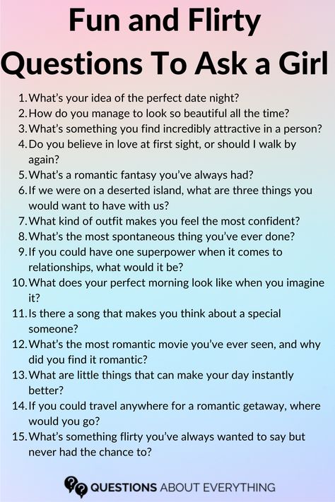 flirty questions to ask a girl Interesting Questions To Ask A Girl, Cute Questions To Ask Your Girlfriend, Flirty Questions To Ask Your Crush, Flirty Questions To Ask A Girl, Question To Ask Your Crush, Things To Ask Your Crush, How To Be Flirty, Fun Couple Questions, Savage Responses