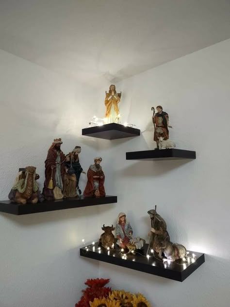 Altar Home Ideas, Wall Altar Ideas Catholic, Corner Altar, Christmas Nativity Scene Display, Home Altar Catholic, Nativity Scene Display, Christian Christmas Decorations, Frame Wall Collage, Catholic Altar