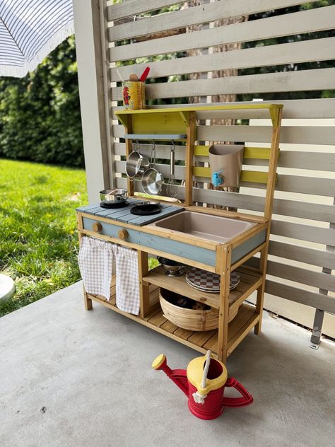 a diy outdoor mud kitchen makeover – almost makes perfect Outdoor Mud Kitchen, Modern Scrapbook, Outdoor Shower Diy, Outdoor Play Space, Diy Mud Kitchen, Artifact Uprising, First Time Mom, Playset Outdoor, Diy Play Kitchen