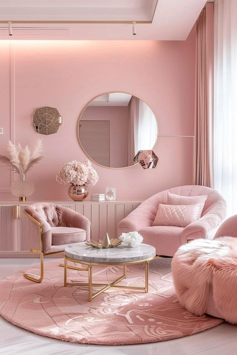 50 Modern Pink Room & Interior Design For 2024 With DIY Tips - Latest & Trendy Nail Designs Pink And Gold Lash Room, Pink And Gold Salon Decor, Gold And Pink Room, Modern Pink Room, Pink And Gold Living Room, Pink Room Interior, Pink And Gold Room, Rose Gold Room, Flamingo Room