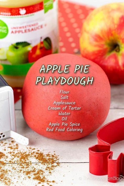 Homemade Apple Playdough, Apple Spice Playdough, Apple Pie Slime, Cinnamon Scented Playdough, Apple Scented Playdough Recipe, Apple Pie Playdough Recipe No Cook, Apple Playdough Recipe, Preschool Baking Ideas, Apple Recipes For Preschoolers