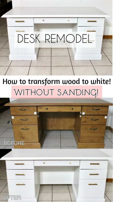 Remodeling a desk and painting wood without sanding. Turning oak wood into white without sanding! Using Beyond Paint and brightening up a desk for cheap. www.elabobak.com White Desk Makeover, Paint Wooden Desk, White Wood Desk, Desk Makeover Diy, Desk Redo, Diy Office Desk, Beyond Paint, Furniture Remodeling, Brown Desk