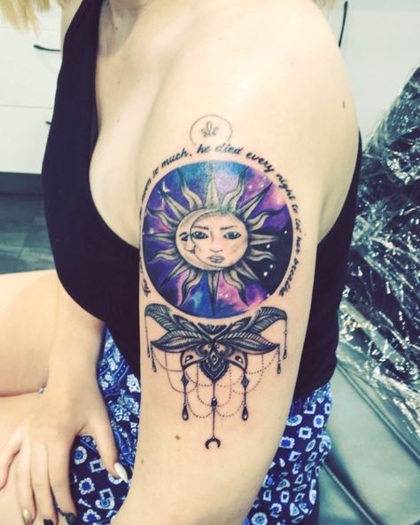 Sun Moon And Stars Tattoo Cover Up, Sun And Moon Woman Tattoo, Sun And Moon Tattoo With Color, Sun And Moon Mandala Tattoo Shoulder, Sun And Moon Lace Tattoo, Ankle Foot Tattoo, Harry Potter Tattoo Sleeve, Luna Tattoo, Moon Sun Tattoo