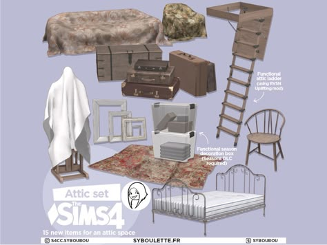 Sims Interior, Sims 4 Cottage, Sims 4 Beds, Attic Ladder, Sims 4 Bedroom, Attic Stairs, Old Beds, Casas The Sims 4, Sims 4 Cc Furniture