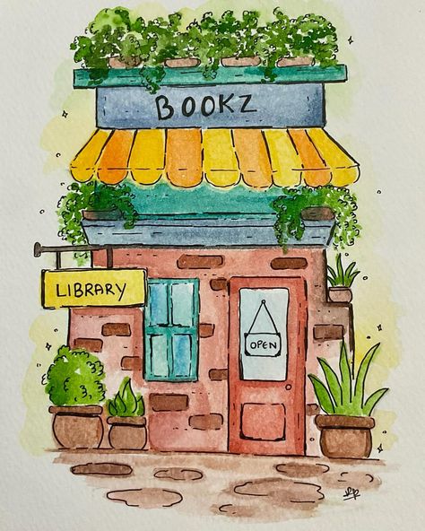 Building Watercolor Painting Easy, Library Drawing Ideas, Cozy Watercolor Painting, Cozy Drawing Ideas, Whimsical Watercolor Houses, How To Draw Houses, Watercolor Illustration Ideas, Drawing Ideas With Watercolors, Watercolor Buildings Easy