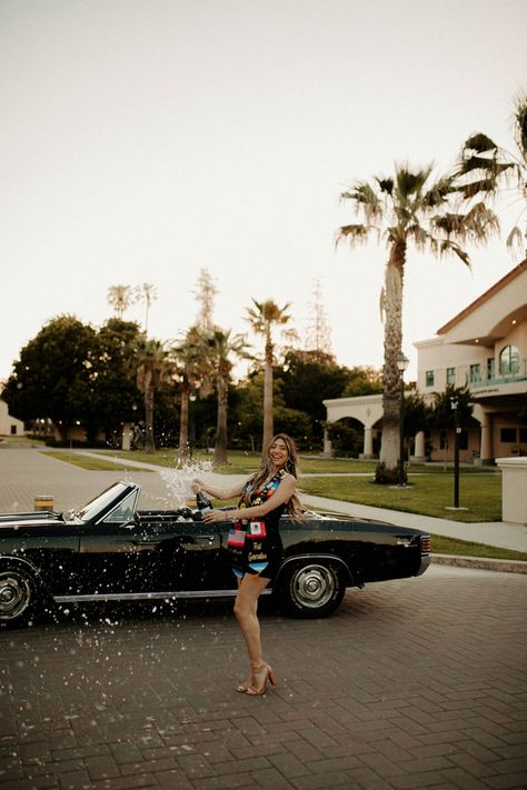 Santa Clara University grad photos with car. Rocio Rivera Photography Grad Pics With Car, Senior Picture Ideas Car, Car Senior Pictures, Grad Picture Ideas, Party Poses, College Grad Cap Ideas, Senior Photoshoot Poses, Santa Clara University, College Graduation Photos