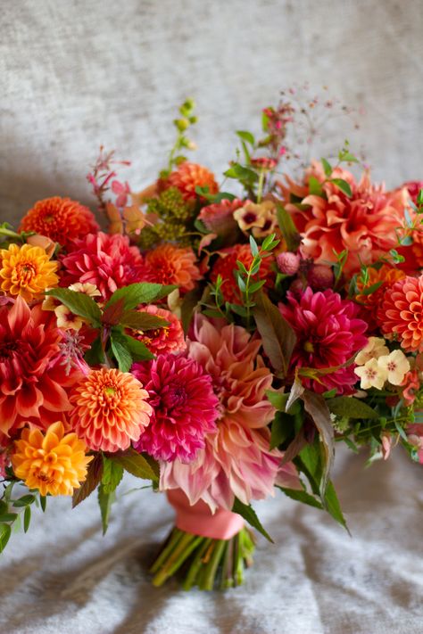 A vividly colorful autumn bridal bouquet full of locally-grown dahlias in hues of persimmon, orange, peach, coral, and gold. Flowers grown and designed by Love 'n Fresh Flowers, a flower farm in Philadelphia. Photo by Love 'n Fresh Flowers. Autumnal Flowers, Bridal Bouquet Orange, Dahlia Arrangements, Dahlia Wedding Flowers, Autumn Flower Bouquet, Colorful Dahlia Bouquet, Colorful Flower Bouquet, Dahlia Flower Bouquet, Autumn Bridal Bouquet