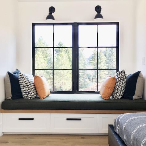 interior design studio on Instagram: “Perfect Sunday to sit and read a book on this window seat.  #windowseat  #modernfarmhouse  #morepillows  #sa_cairn  #surroundarchitecture” Bedroom Window Seat, Window Bench Seat, Window Seat Design, Window Benches, Read A Book, Bedroom Windows, Living Room Cabinets, Window Seat, Front Room