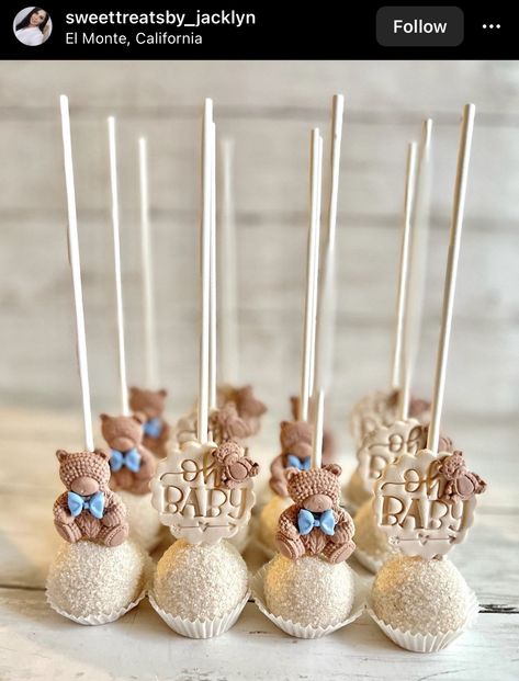 Cake Pop Teddy Bear, Cake Pops Bear Theme, Bearly Wait Cake Pops, Gender Neutral Cake Pops, Teddy Bear Gender Reveal Dessert Table, Bear Theme Cake Pops, Bearly Wait Cupcakes, Bear Gender Reveal Treats, We Can Bearly Wait Desserts