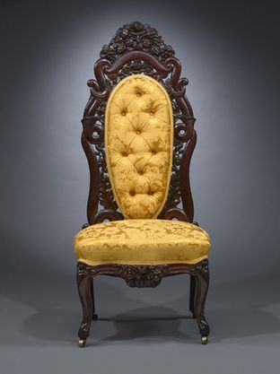 Golden yellow fabric color for a peacock inspired color scheme. Button Tufted Chair, Unique Chairs, Thomas Chippendale, Classroom Interior, Wellness Room, Interior Design History, Victorian Chair, Reupholster Chair, Antiques Furniture