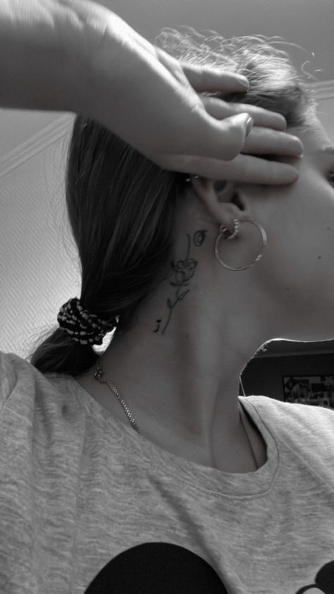 Initial Tattoo On Neck, Rose Initial Tattoo, Tulip Tattoo With Initials, Rose With Initials Tattoo, Initial With Butterfly Tattoo, Neck Tattoo, Initials, Tattoos