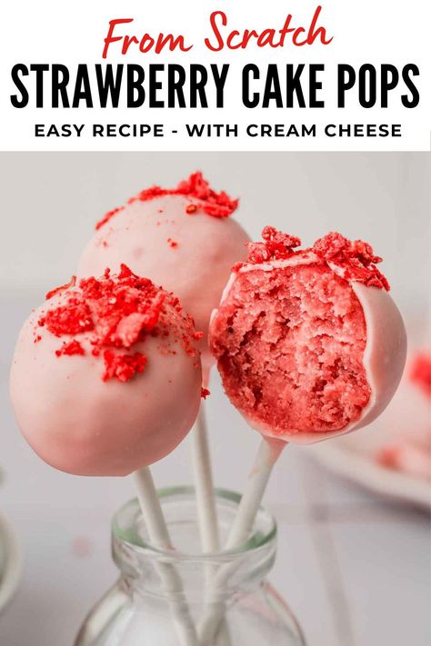 Discover the joy of creating your own strawberry cake pops from scratch! This simple recipe features a luscious strawberry-flavored cake mixed with a creamy cream cheese filling, coated in pink chocolate and dusted with freeze-dried strawberry powder. Perfect for birthdays, parties, or any special occasion! Birthday Cake Cake Pops Recipe, Cake Pops Made With Cream Cheese, Cake Pops Recipe Cream Cheese, Strawberry Cakepop Recipes, Cake Pop With Cream Cheese, Cake Pop Strawberry, Best Cake Pop Recipe Cakepops, Cakepop Flavors Ideas, Cake Pop Flavors Recipes