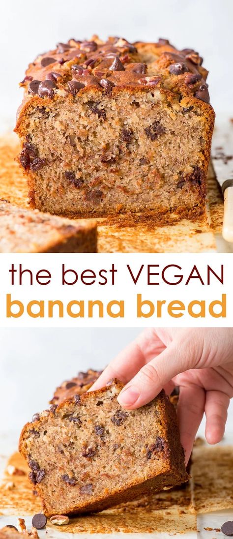 The Best Vegan Banana Bread - The perfect vegan banana bread, with no egg replacements. With perfectly caramelised edges, a soft, moist interior, and chock full of chocolate chips and toasted pecans – it truly doesn’t get much better than this. Vegan dessert recipe. Chocolate chip banana bread recipe. Easy banana bread. Vegan recipes. Plant based recipes. Dairy free desserts. Vegan breakfast. Vegan baking. #vegan #bananabread Best Vegan Banana Bread, Dairy Free Desserts, Vegan Dessert Recipe, Recipes Dairy Free, Recipes Plant Based, Banana Bread Vegan, Baking Vegan, Chocolate Chip Banana Bread Recipe, Vegan Recipes Plant Based