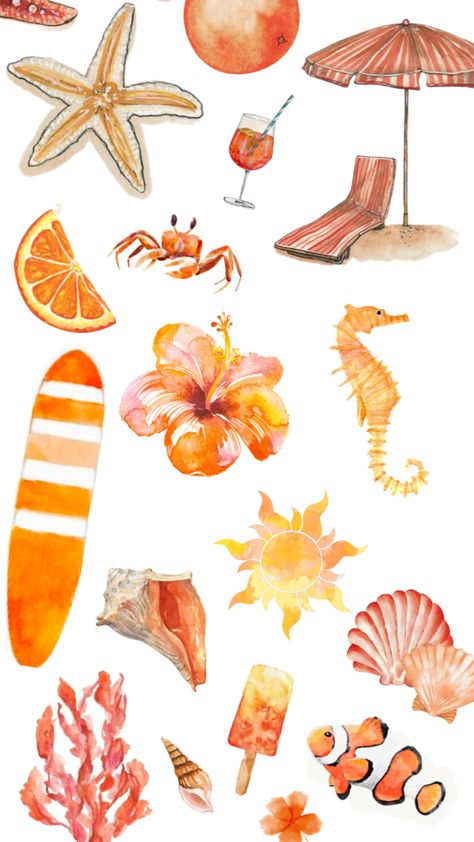 Orange beachy collage with watercolor theme sea life beach Beach Aesthetic Collage, Orange Water Color, Beachy Collage, Beautiful Outdoor Furniture, Iphone Wallpaper Vsco, Orange Water, Convention Gifts, Bedroom Wall Collage, Wallpaper Iphone Summer