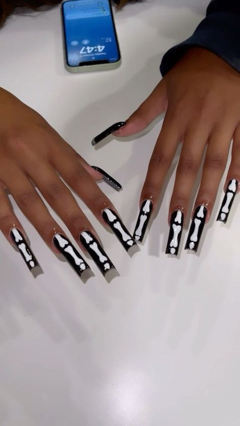 Bones Nails Acrylic, Skeleton Nails Halloween, Bone Nails Acrylic, Skeleton Nails Acrylic, Black Skeleton Nails, October Appointments Available, Skeleton Bone Nails, Black And White Spooky Nails, Spooky Nails 2023