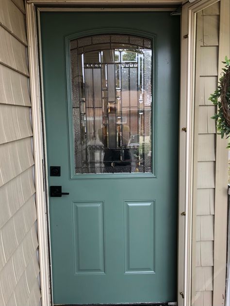 Tan House Green Door, Behr Boreal, Green Front Door Tan House, Green Blue Front Door, Front Doors Painted, Valspar Green, Craftsman Front Door, Green Front Door, Garage Door Paint