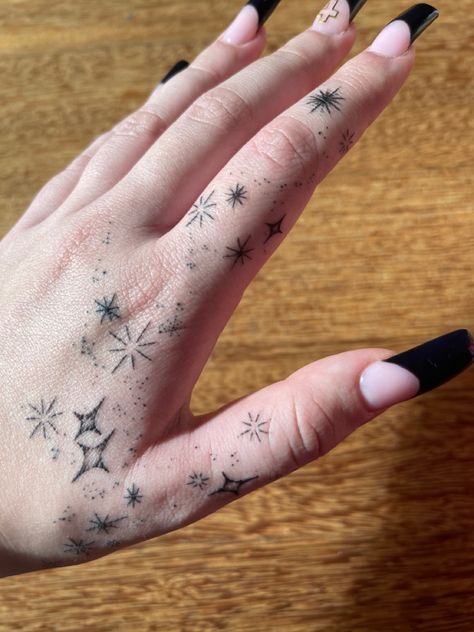 Star Tattoo On Hand For Women, Sigil Finger Tattoo, Magic Themed Tattoo, Left Hand Tattoos For Women, Finger Tattoo Cover Up, Hand Sparkle Tattoo, Hand Tattoos Words, Star Finger Tattoo, Moon Finger Tattoo