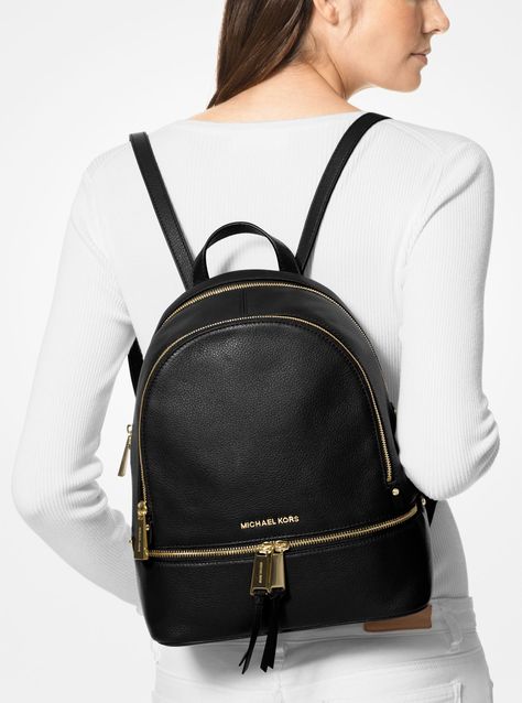 Michael Kors Outfit, Michael Kors Rhea Backpack, Sac Michael Kors, Studded Backpack, Michael Kors Backpack, Men's Totes, Medium Backpack, Black Leather Backpack, Channel Islands