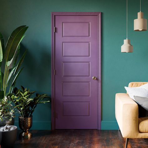 A purple five-panel interior door in a turquoise room with a yellow ceiling and wood floors 5 Panel Interior Doors, Masonite Doors, Masonite Interior Doors, Transitional Doors, Black Front Doors, Barn Door Kit, Solid Core, Door Kits, Door Styles