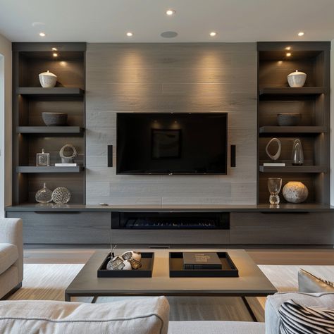 Tv Wall Media Unit, Built In Tv Wall Unit Apartment, Modern Basement Entertainment Wall, Fabric Media Wall, Tv Area Design Modern, Textured Tv Wall Ideas, Tv Media Unit Ideas, Tv Room Built In Cabinets, Wall Units With Fireplace And Tv