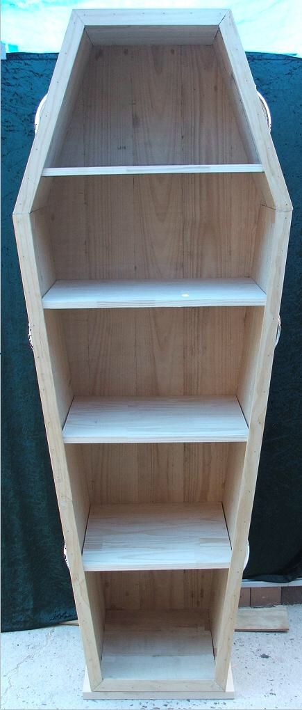 Boyfriend needs to make me these. Diy Coffin Bookshelf, How To Make A Coffin Shelf, How To Make A Coffin Bookshelf, Coffin Bookshelf Diy Plans, Coffin Shape Bookshelf, Coffin Shelf Diy Plans, Coffin Shelf Measurements, 2ft Coffin Shelf Plans, Coffin Bookcase