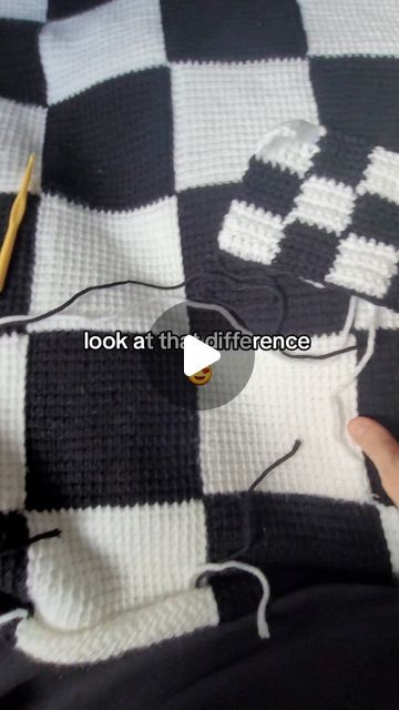 HalfDouble on Instagram: "Here's how to crochet the perfect checkerboard pattern. The trick to getting super sharp straight edges is picking the right stitch, and tunisian simple stitch gives the most satisfyingly straight lines. You can use it for anything, (scarves, cardigans, bags etc) as the back isn't a mess like a lot of colour changing crochet, but I'm obviously a sucker for a blanket 😍  #crochettips #crochettutorial #crochetblanket" Free Checkered Crochet Pattern, Crocheted Checkered Blanket, Check Crochet Blanket, Tunisian Crochet Checkerboard Pattern, Black And White Checkered Crochet Blanket, Checkerboard Knitting Pattern, Checked Crochet Blanket, How To Crochet Checkerboard Pattern, Knit Checkerboard Pattern