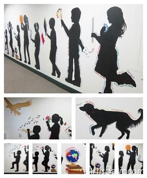 Our silhouette mural is finished!  It went pretty quickly once we got started.   Each of the figures represents different subject areas at school.  Students in grades 4-6 did most of the painting and I had some students in 7-8 grade do touch-ups, edging and fine details.   I made a video slideshow of the steps we made to paint the mural to show for the whole school.  The school presentation has lots of photos of students in it.  I made … Read more... → Classe D'art, Group Art Projects, Collaborative Art Projects, School Hallways, School Murals, Blog Art, Drawing Faces, Group Art, Collaborative Art