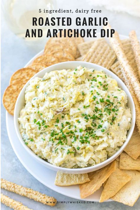 You only need five ingredients to make this dairy free roasted garlic and artichoke dip. This vegan dip will fool even the toughest critic. #artichoke #dairyfree #artichokedip Dairy Free Spinach Artichoke Dip, Dip Dairy Free, Artichoke Recipe, Vegan Spinach Artichoke Dip, Dairy Free Dips, Dairy Free Appetizers, Vegan Spinach, Roasted Artichoke, Artichoke Dip Recipe