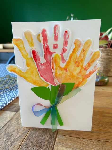 DIY Hand print bouquet - kids’ craft for mother's day or a get well card Hand Print Crafts For Kids Mothers Day, Mothers Day Hand Print Crafts For Kids, Mothers Day Keepsake Crafts For Kids, Get Well Soon Kids Crafts, Diy Get Well Cards From Kids, Get Well Crafts For Kids To Make, Hand Print Bouquet, Hannah Noelle, Get Well Poems