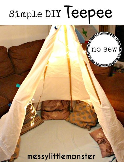 Messy Little Monster: Simple DIY Teepee Fort (No Sew) No Sew Teepee, Diy Fort, Mud Kitchen For Kids, Diy Teepee, Kids Forts, Kids Rooms Diy, Sew Simple, Planning Printables, Kids Kitchen