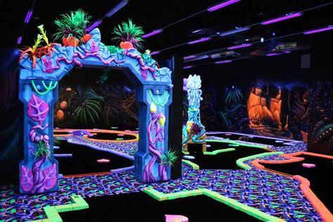 Blacklight Mini-Golf - Scene75 Entertainment Center - Cleveland Indoor Putt Putt, Blacklight Mini Golf, Indoor Mini Golf, Toddler Play Area, Old Entertainment Centers, Pub Games, Concert Stage Design, Miniature Golf Course, Miniature Golf