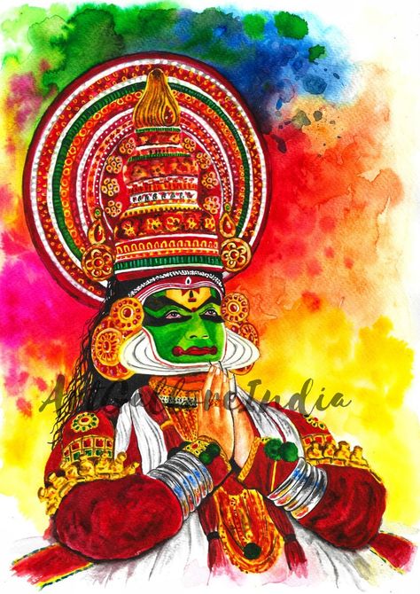 Kathakali Dancer Kerala Watercolor Painting Kathakali Painting, Kathakali Face Painting, Kadhakali Paintings, Kathakali And Theyyam Drawing, Pooram Kerala Painting, Kathakali Mural, Kathakali Painting Watercolor, Kerala Mural Painting Kathakali, Namaste Art