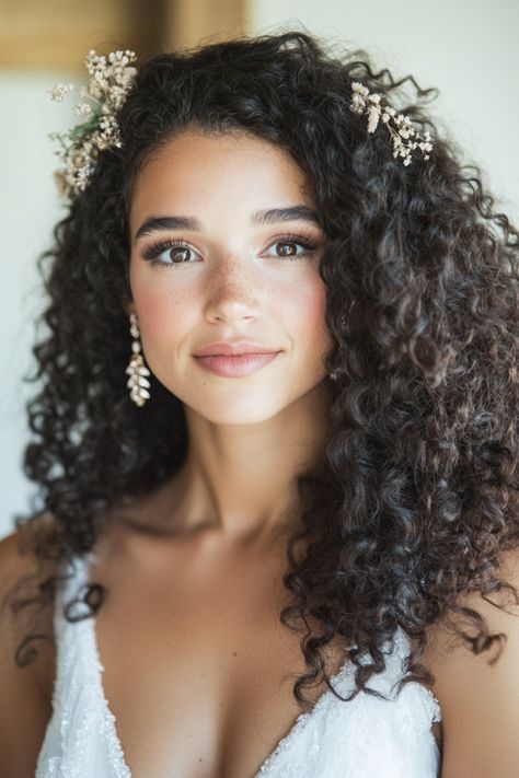 Redefine elegance with 66 curly down wedding hairstyles that are perfect for brides who want to stand out. These looks are polished, sophisticated, and oh-so-beautiful. No matter your hair type, there’s a style here that’s just right for you. Click to see the full list! #bridalstyle #curlyhairtrends #weddingglam Wedding Dress Curly Hair, Wedding Hair Curly Natural, Wedding Hairstyles For Curly Hair Natural, Elegant Curly Hairstyles Natural Curls, Curly Down Hairstyles, Natural Curls Wedding Hair, Naturally Curly Bridal Hair, Curly Hair Wedding Styles, Naturally Curly Wedding Hair