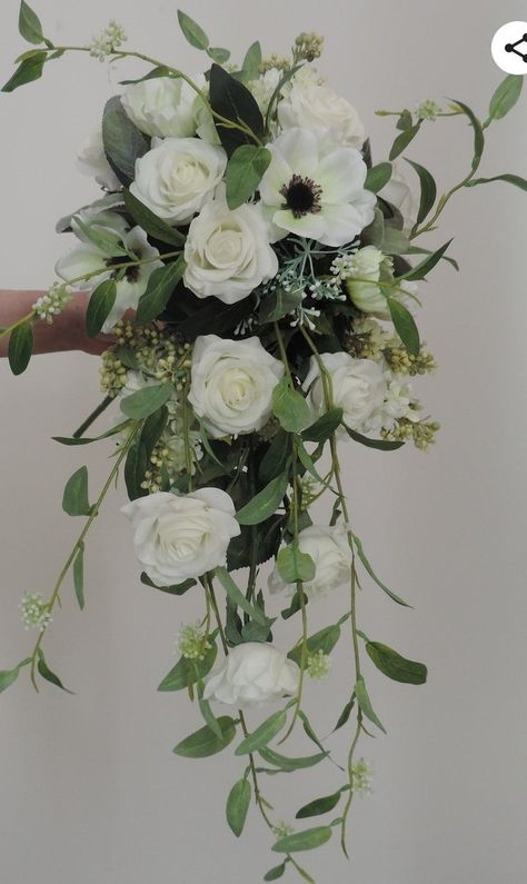 Yule Wedding, Cascading Bouquet White, Bouquet Fake Flowers, Wedding Bouquet Fake Flowers, Trailing Bouquet, Real Wedding Flowers, Eucalyptus Flowers, Alternative Wedding Bouquet, Teardrop Bouquet