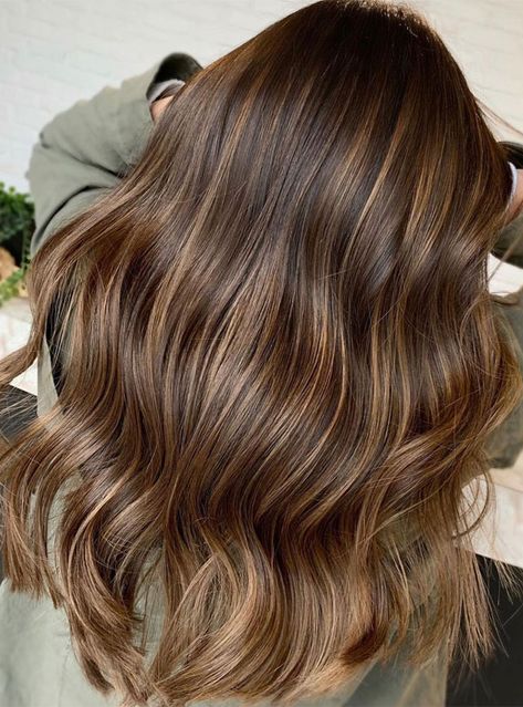 beautiful golden brown hair, layered hair cut with curtain bangs, hair color trends 2022, brunette hair color ideas, golden brown highlights Unique Highlights Brunettes, Golden Brown Hair Honey Balayage, Hazelnut Balayage, Minimal Highlights, Subtle Balayage Brunette, Golden Highlights Brown Hair, Hair Colors To Try, Darker Hair, Golden Brown Hair Color