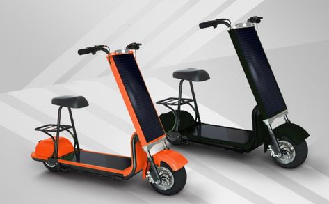 Two solar-powered S80 scooters in the colors of orange and black. Green Transportation, Power Scooter, Powered Bicycle, Scooter Design, Solar Electric, Village House, Village House Design, Sustainable Travel, Off Grid