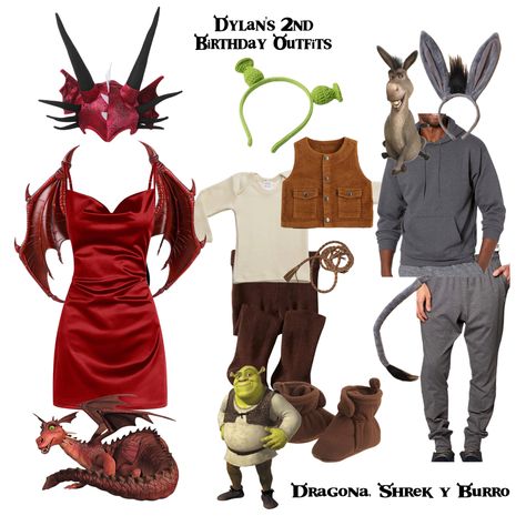 The Good Place Halloween Costume, Dragon And Donkey Halloween Costume, Shrek Themed Outfit Ideas, Shrek Theme Outfits, Shrek Party Costume Dragon, Diy Shrek Costume Women, Shrek Character Costumes Women, Donkey And Dragon Shrek Costume, Shrek Rave Outfit Dragon