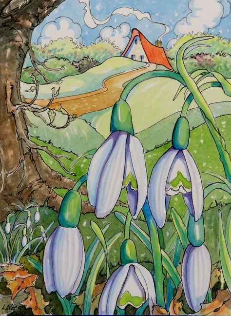 Snowbells Cottage Drawings, Alida Akers, Cottage Artwork, Cottage Illustration, Japanese Iris, Yellow Iris, Storybook Art, Storybook Cottage, Hur Man Målar