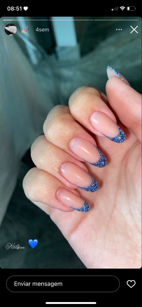 Navy Glitter French Tip Nails, Navy Blue Glitter French Tip Nails, Reflective Blue Nails, Royal Blue Glitter French Tip Nails, Blue French Nails With Glitter, Homecoming Nail Ideas Almond, Royal Blue And Silver French Tip Nails, Nails To Go With Blue Dress Prom, Navy Blue Nail Inspo Prom