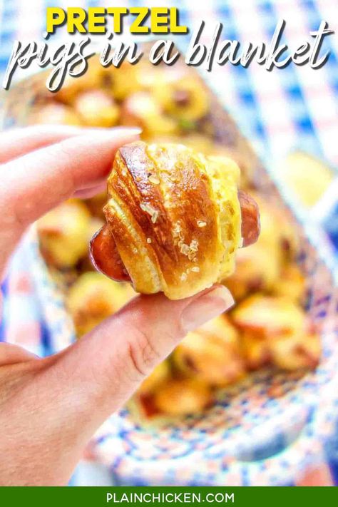 Pretzel Pigs in a Blanket - transform refrigerated crescent rolls into a delicious snack! These are SO easy and SO addictive! You can't eat just one! Lit'l smokies, dijon mustard, and crescent rolls boiled in water and baking soda then baked. Great for parties and tailgating. Everyone LOVES this easy appetizer recipe! #partyfood #crescentrolls #appetizer #littlesmokies #tailgating #gameday Pretzel Pigs In A Blanket, Pig In A Blanket, Football Friday, Plain Chicken, Crescent Roll Dough, Pigs In A Blanket, Football Food, Easy Appetizer Recipes, Party Food Appetizers