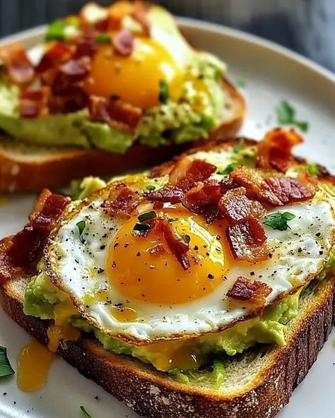 Avocado Bacon and Egg Toasts Goat Cheese Flatbread, Lobster Cream Sauce, Goats Cheese Flatbread, Toast Recipe Breakfast, Crispy Flatbread, Cheese Flatbread, Avocado Toast Egg, Avocado Toast Recipe, Bacon Avocado