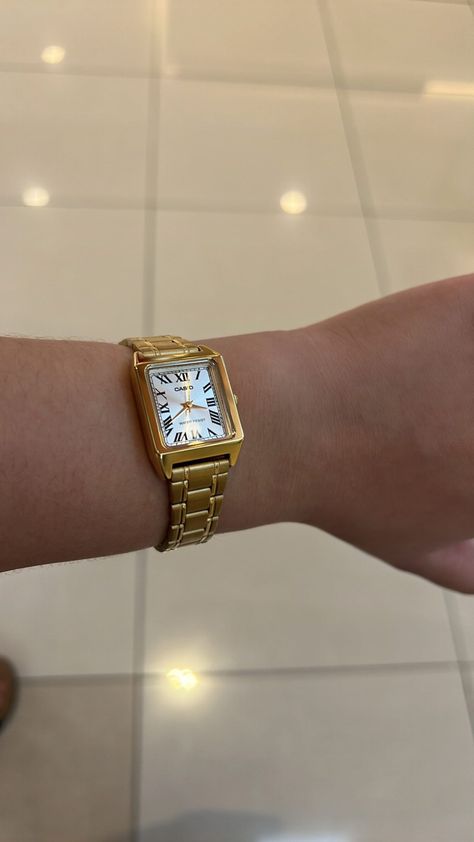 Gold Tank Watch, Casio Watch Gold Women, Casio Cartier Tank, Casio Aesthetic Watch, Women Watch Collection, Gold Casio Watch Woman, Casio Tank Watch, Cartier Tank Watch Woman, Cartier Vintage Watch