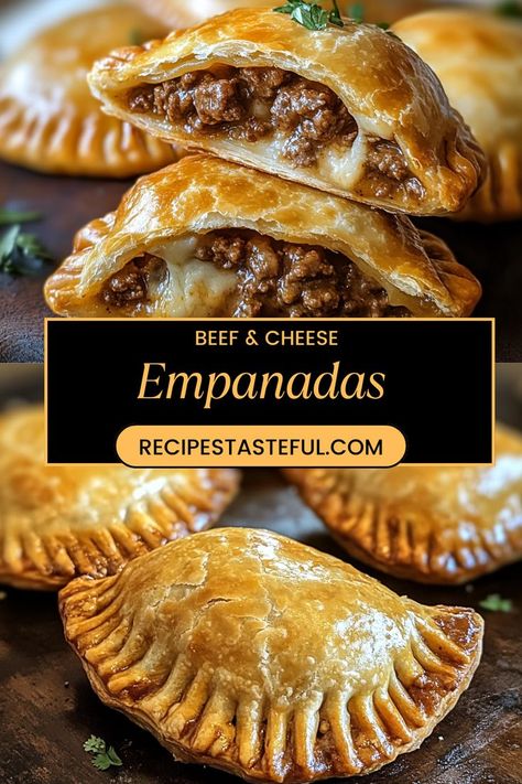 These golden, crispy empanadas are filled with a savory combination of seasoned beef and melted cheese, making them the perfect handheld treat! Easy to make and full of flavor, these empanadas are ideal for weeknight dinners, game day snacks, or parties. Whether baked or fried, these tasty pockets are sure to be a crowd-pleaser for any occasion! Ground Beef And Philo Dough, Sweet Empanadas Filling, Savory Empanadas Recipe, Empanadas Ground Beef, Puff Pastry Empanadas, Ground Beef Empanadas Recipe, Empenada Recipe, Authentic Empanadas Recipe, Beef And Cheese Empanadas