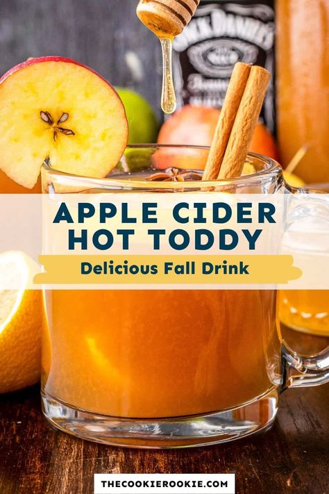 Warm up and get cozy with this apple cider hot toddy. This warm whiskey drink is flavored with honey, lemon and cinnamon and topped off with apple cider, for a delicious adults only drink. Warm Whiskey Drinks, Cider Alcohol Drinks, Apple Cider Alcohol, Hot Alcoholic Drinks, Apple Pie Drink, Apple Cider Whiskey, Apple Cider Hot Toddy, Hot Apple Cider Recipe, Apple Cider Drink