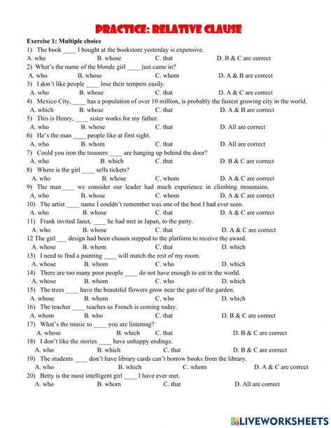 Relative Pronouns Worksheet, Pronoun Grammar, Pronouns Worksheet, Relative Clauses, Relative Pronouns, English Grammar For Kids, School Material, Grammar For Kids, English Activities For Kids