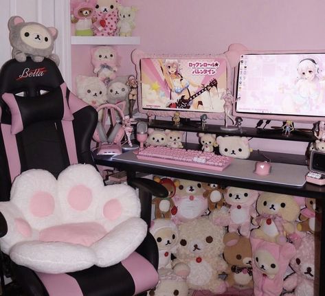 Gaming Setup Bedroom, Pink Room Decor, Bedroom Games, Kawaii Room Decor, Cute Bedroom Ideas, Princess Room, Cute Room Ideas, Pretty Room, Kawaii Room