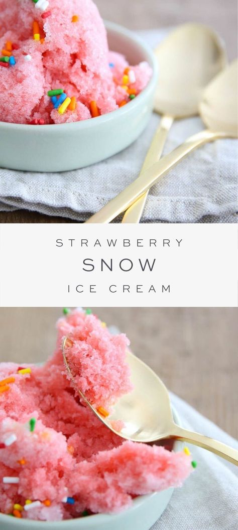 Make Strawberry Snow Ice Cream with just 3 ingredients for a sweet treat and a memorable snow day tradition! #icecream #snow #strawberry #recipe #dessert Shave Ice Syrup Recipe, Snow Ice Cream Recipe, Snowcream Recipe, Snow Ice Cream, Easy Homemade Ice Cream, Snow Cream, Julie Blanner, Yummy Ice Cream, Homemade Ice Cream Recipes