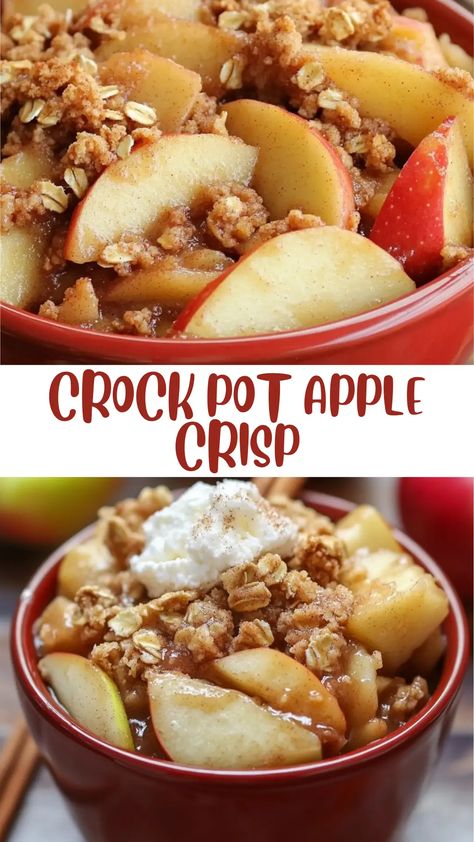 Crock Pot Apple Crisp is the ultimate comfort dessert! Made with tender spiced apples and a golden oat crumble, this easy recipe is perfect for potlucks and family gatherings. Just toss everything in the crock pot, and let it create a warm, inviting aroma in your kitchen. Serve it warm with vanilla ice cream or whipped cream for an extra treat. Enjoy the flavors of fall with this effortless dessert! Don’t forget to share your delicious creations on Pinterest! Crock Pot Apple Crisp, Slow Cooker Apple Cobbler, Ayam Mentega, Crockpot Dessert, Crockpot Apple Crisp, Slow Cooker Oatmeal, Apple Cobbler Recipe, Slow Cooker Apple, Apple Crisp Recipe